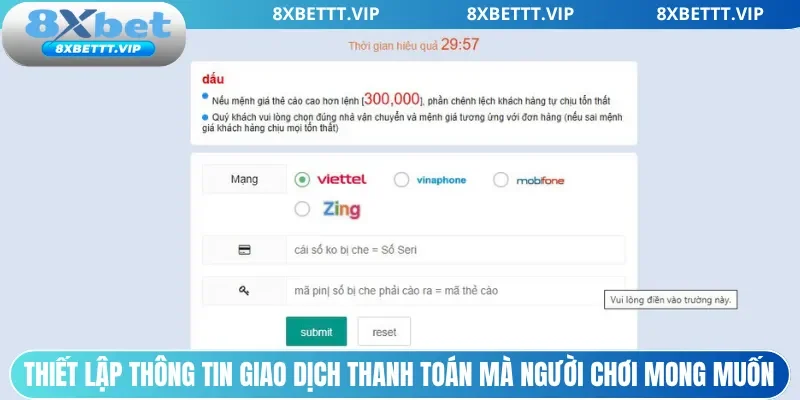 Thiết lập thông tin giao dịch thanh toán mà người chơi mong muốn
